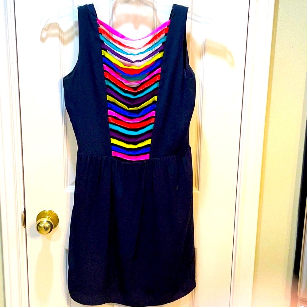Designer Original Silk Navy Dress W/Colorful Accents, Open Back, Sz. 6, EUC